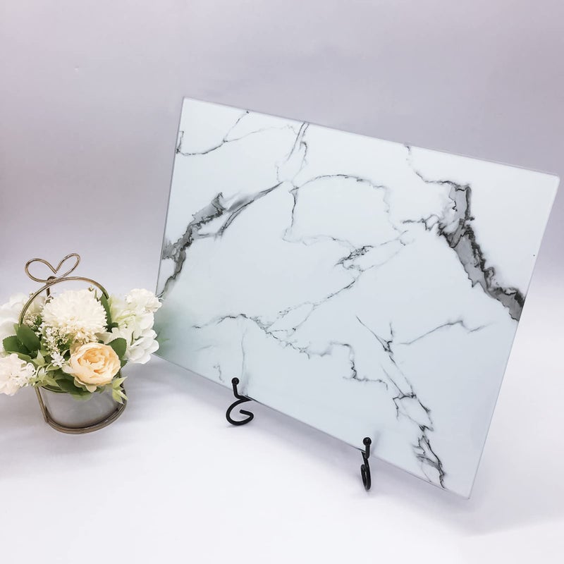 VASUHOME Glass Cutting Board, 16 * 12 inch Set of 1 Tempered Glass Cutting Board, Decorative Square Marble Chopping Board for Kitchen, Scratch, Heat, Shatter Resistant Cutting Mat, White - Image 4